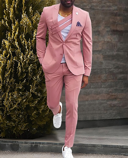 Fashion Plain Pocket Lapel Collar Blazer & Pants 2Pcs Set