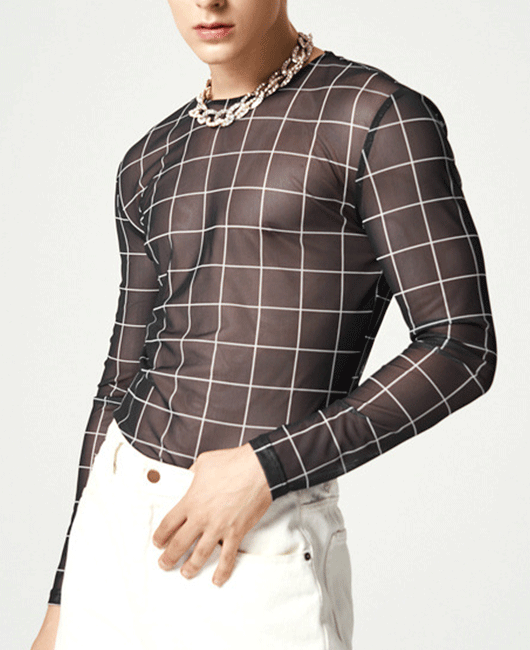 Sexy Plaid Print Sheer Mesh Long Sleeve Slim Fit Shirt